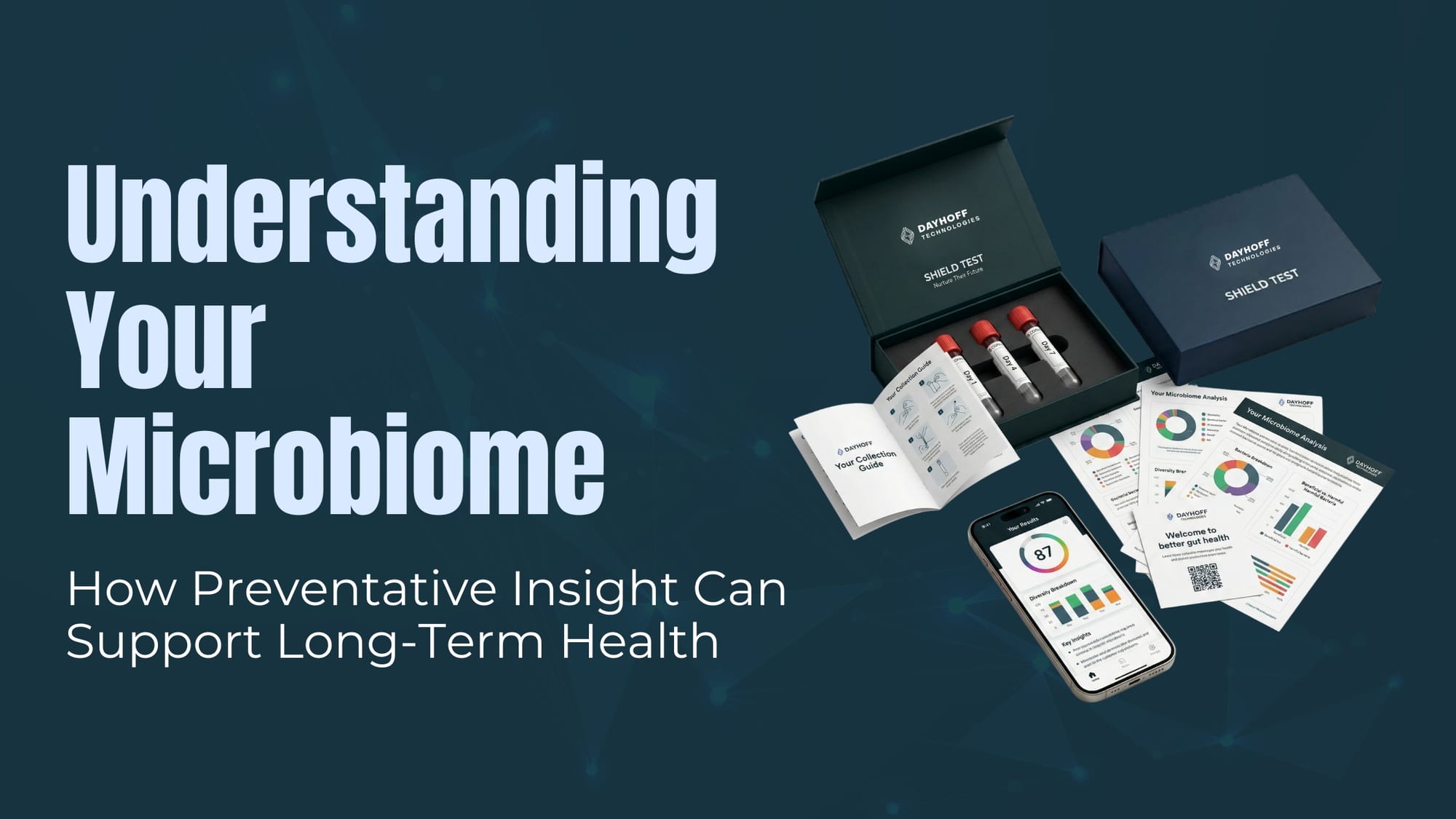 Dayhoff Health test kit featuring the text "Understanding Your Microbiome: How Preventative Insight Can Support Long-Term Health"